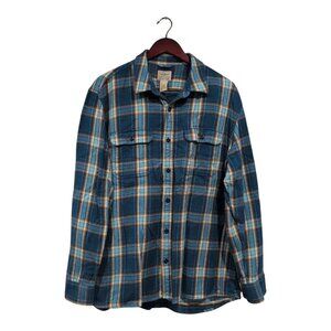 LL Bean Shirt Mens Sz L Flannel Organic Cotton Slightly Fitted Plaid Teal Blue